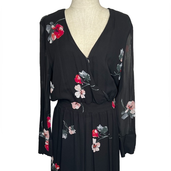 NWT Witchery Womens Dress Black Size 12 V-Neck Sheer Sleeves Maxi Red Flower - Picture 2 of 16